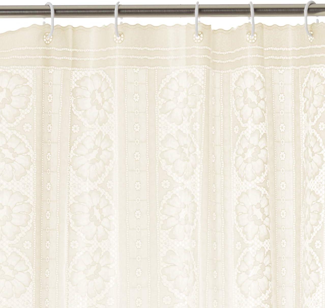 Ivory Floral Lace Heavyweight Vinyl Shower Curtain with Hooks