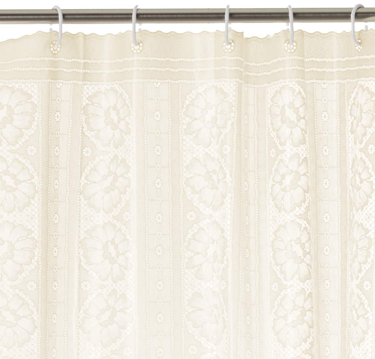 Ivory Floral Lace Heavyweight Vinyl Shower Curtain with Hooks