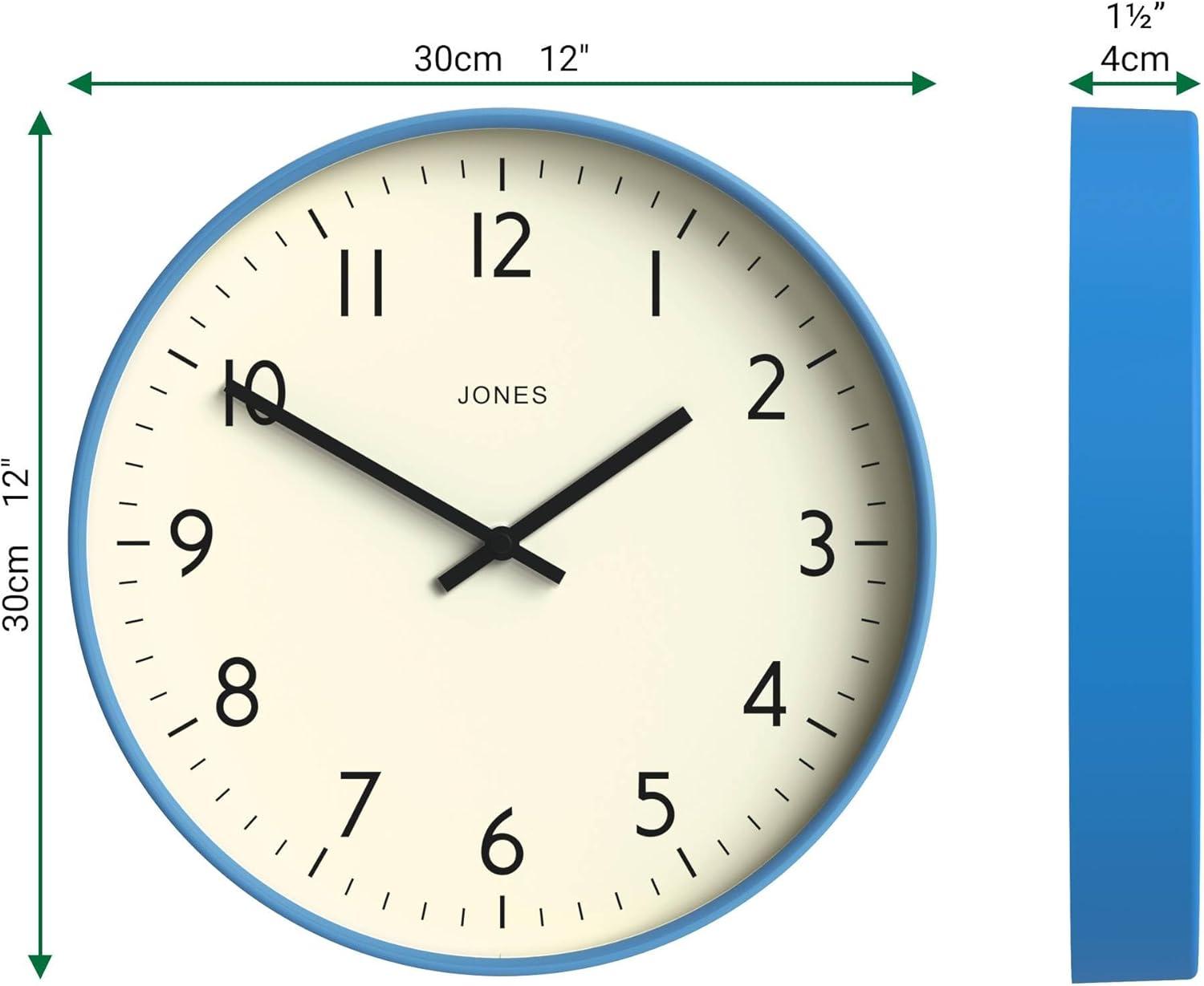 JONES CLOCKS® Studio Wall Clock | Modern Round Clock | 12 inch | Mid Blue | Easy to Read Numbers | Versatile Design for Kitchen, Living Room or Office