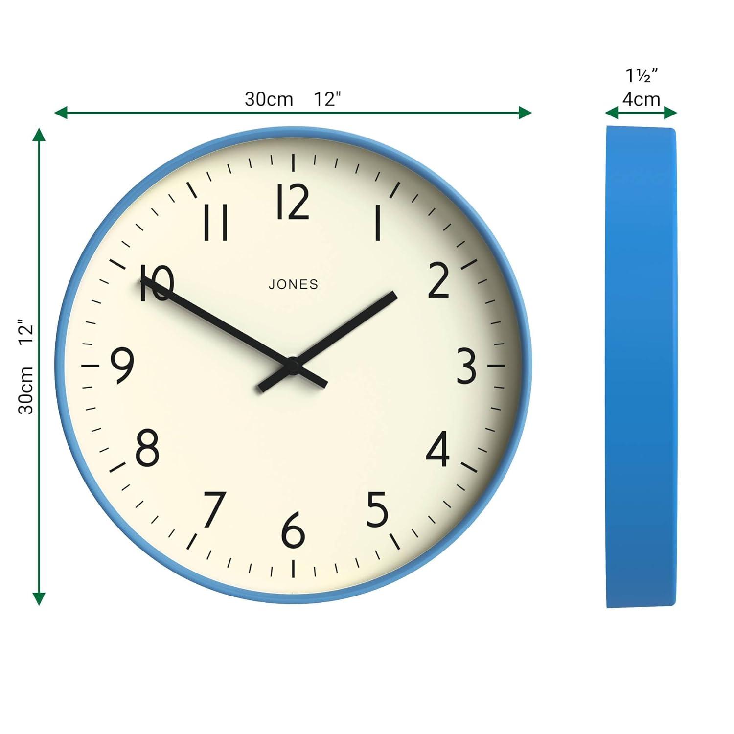 JONES CLOCKS® Studio Wall Clock | Modern Round Clock | 12 inch | Mid Blue | Easy to Read Numbers | Versatile Design for Kitchen, Living Room or Office