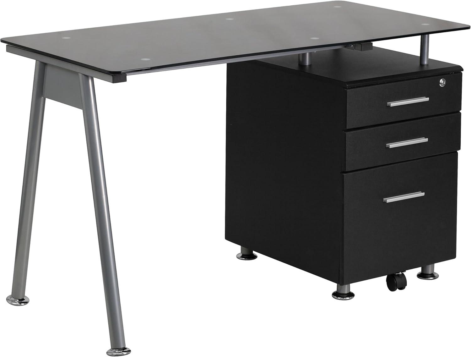 Emma and Oliver Black Glass Computer Desk with Three Drawer Pedestal