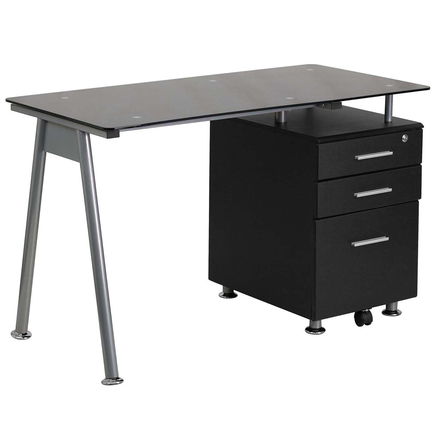 Emma and Oliver Black Glass Computer Desk with Three Drawer Pedestal