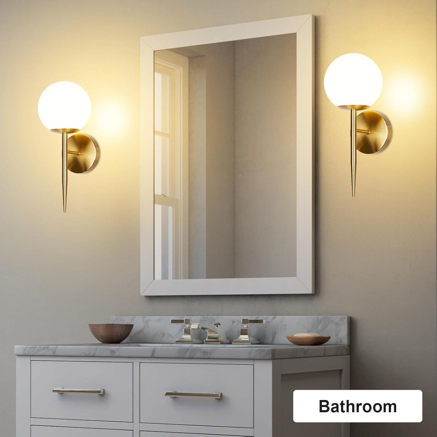 Gold Wall Sconce Set of 2 Globe Glass Wall Light Fixtures Bathroom Vanity Light Mid-Century Modern Wall Sconce Lamp with Frosted Glass Shade for Hallway Bedroom Living Room