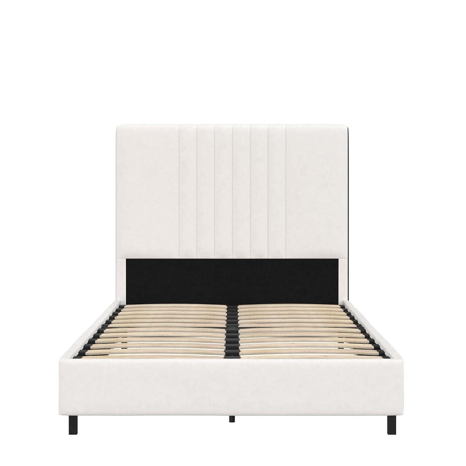 RealRooms Rio Faux Leather Upholstered Platform Bed with Tufted Headboard, Twin, White