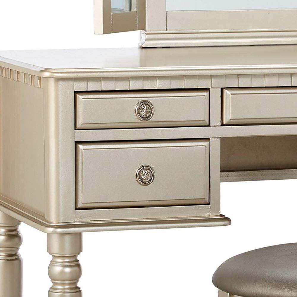 Saltoro Sherpi 3 Piece Adult Elegant Functional 5 Drawers and Stool Table Set Silver