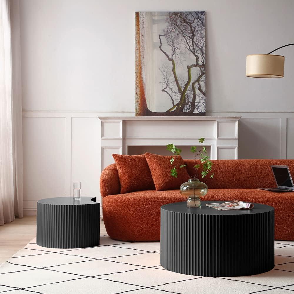 WILLIAMSPACE Nesting Coffee Table Set of 2, Matte Black Round Wooden Coffee Tables, Modern Luxury Side Tables Accent End Table for Living Room Apartment