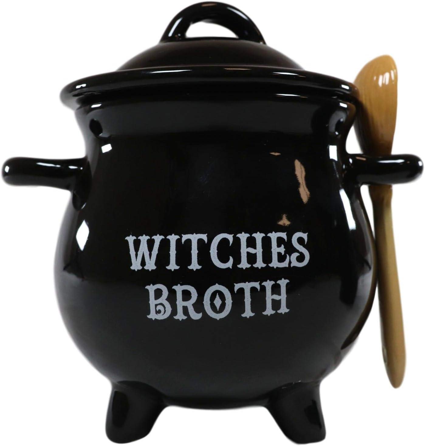 Pacific Giftware Witches Broth Cauldron Ceramic Bowl with Broom Spoon