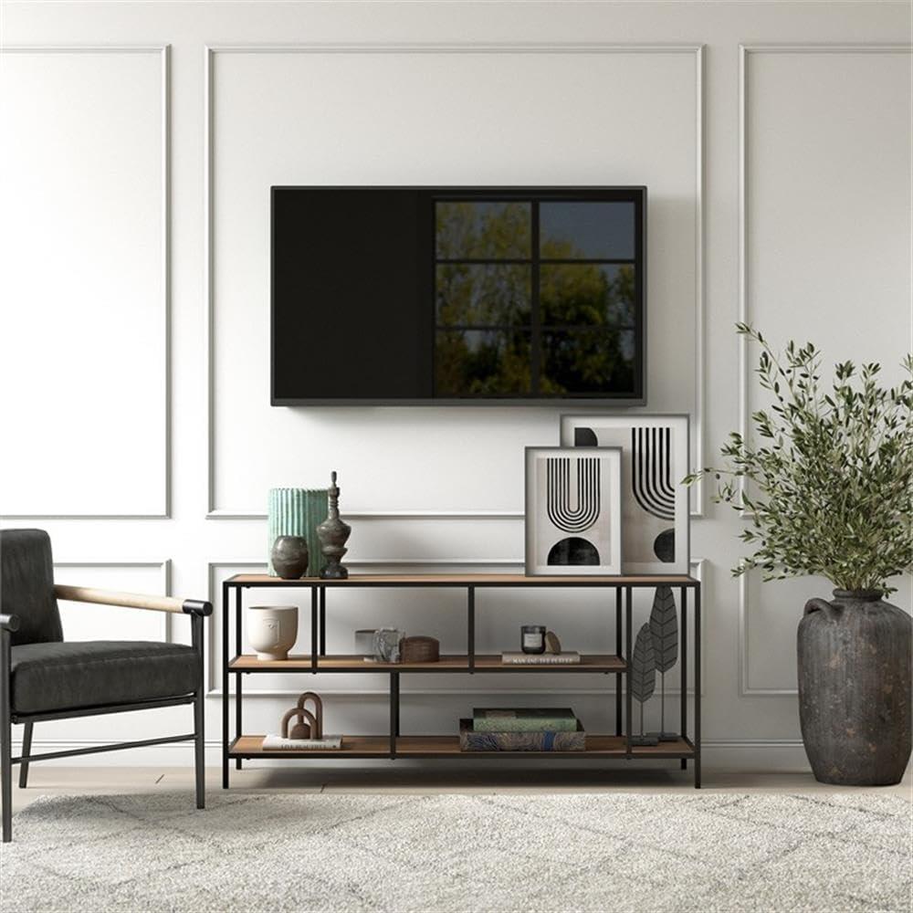 Evelyn&Zoe Winthrop Rectangular TV Stand with Metal Shelves for TV's up to 60", Blackened Bronze/Rustic Oak