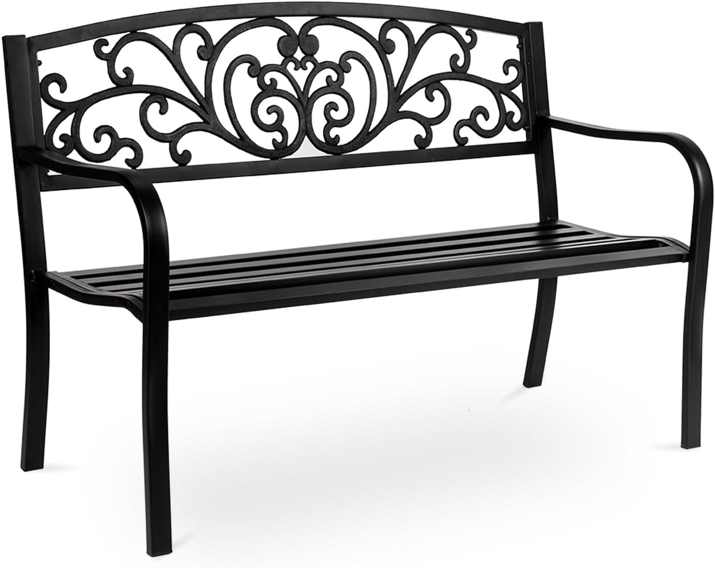 Black Steel Outdoor Bench with Floral Backrest, 52"