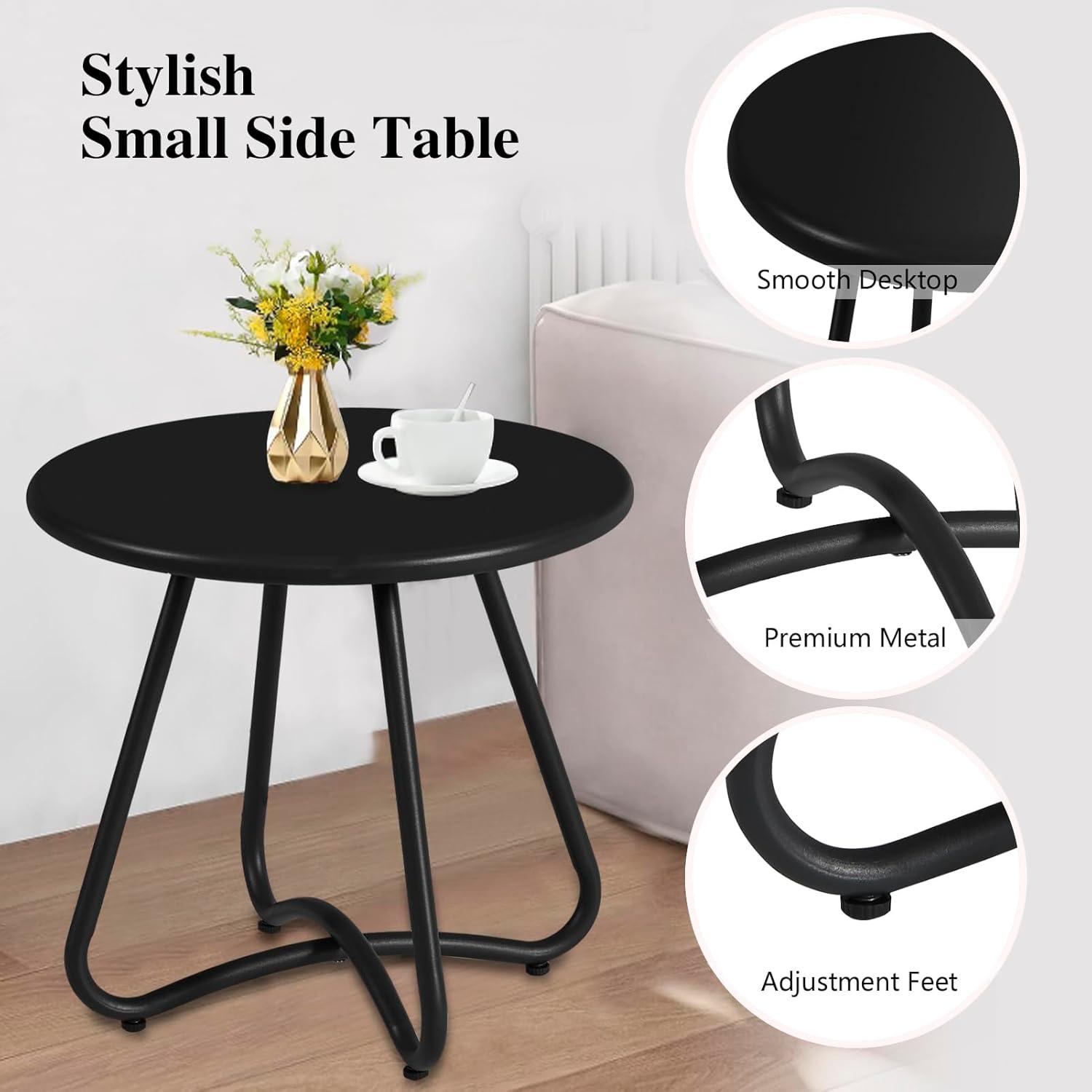 Black Round Steel Patio Side Table with Adjustable Feet