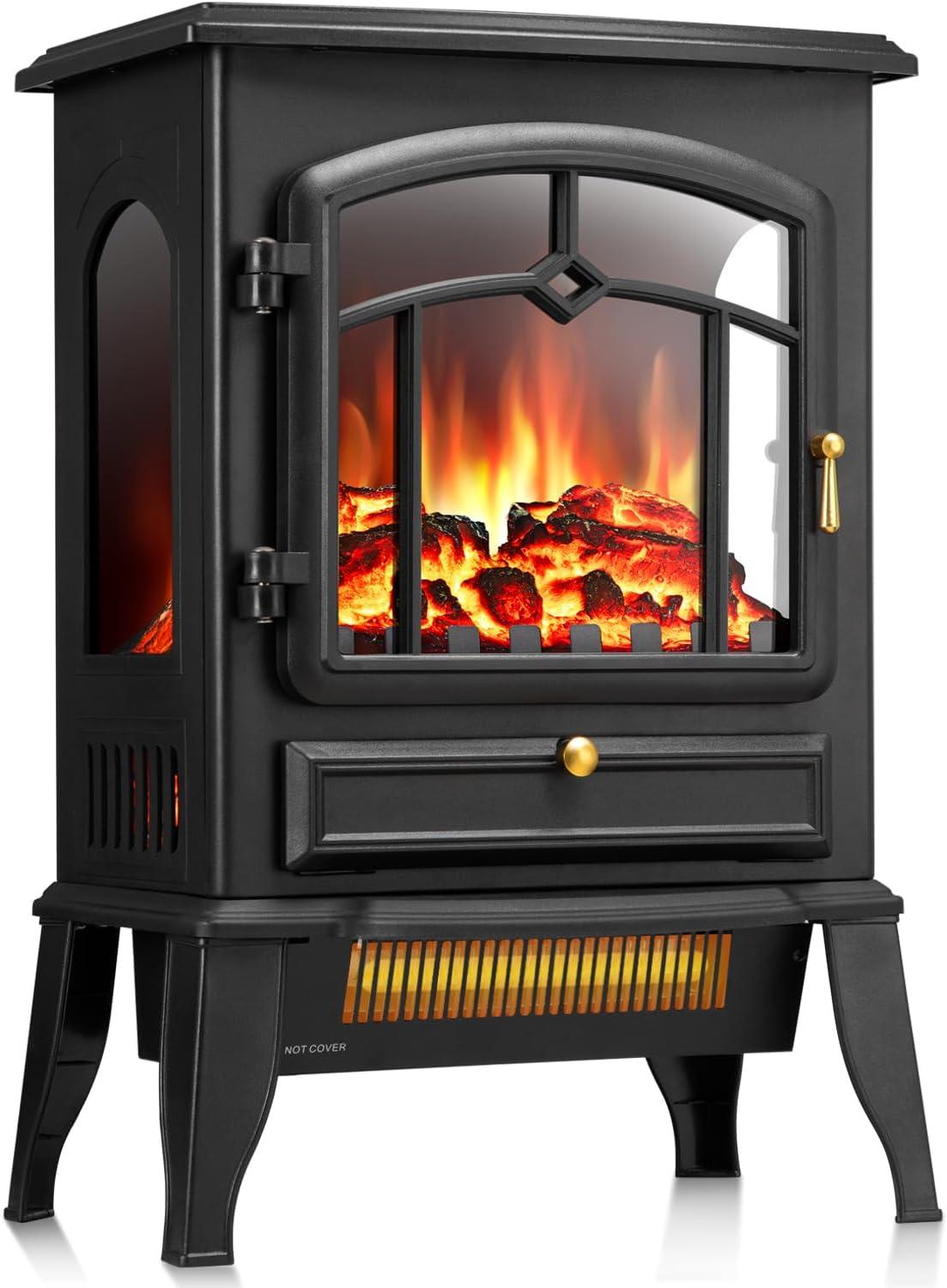 WAA Infrared Electric Fireplace Stove,15" Freestanding Fireplace Heater,Adjustable Brightness and Heating Mode,1000W/1500W,Black