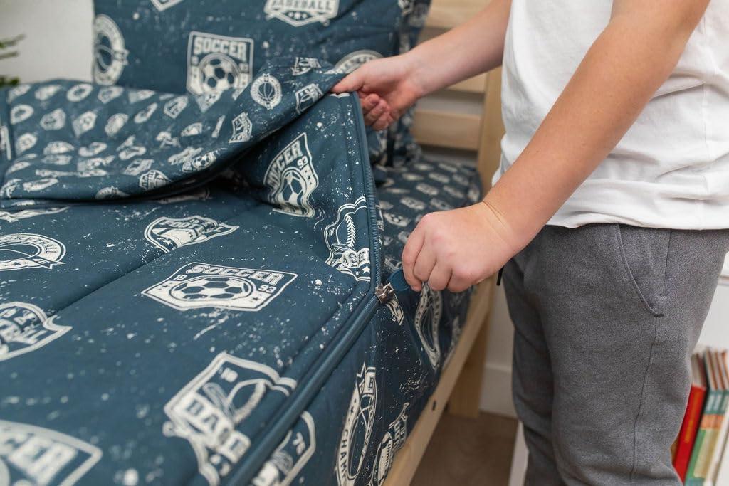 Beddy's Sports Theme Boys Durable Zipper Bedding for Kids, Bed in a Bag, Blue Sheets with Baseball, Football, Basketball, Soccer Comforter, Pillowcase & Pillow Sham, Easy to Make & Wash