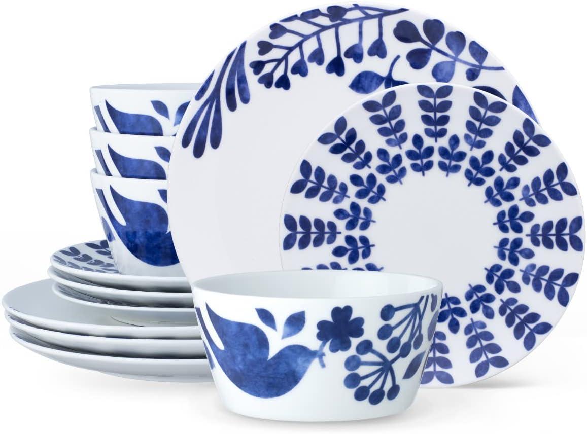 Blue and White Floral Porcelain 12-Piece Dinnerware Set