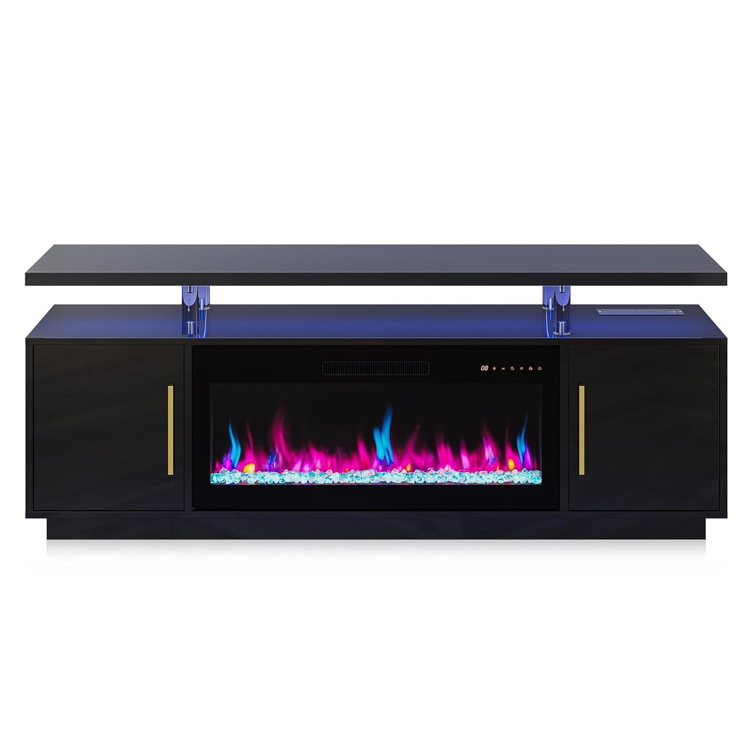 BELLEZE 70" TV Stand for TVs up to 75", LED Light Entertainment Center with 36" Electric Fireplace, Storage Cabinet with USB AC Outlet, Media Console Table for Living Room - Avenue (Black)