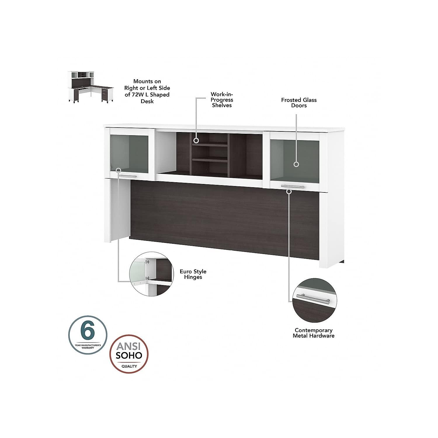 Bush Furniture Somerset 72" Sit to Stand L Desk & Hutch, Storm Gray & White