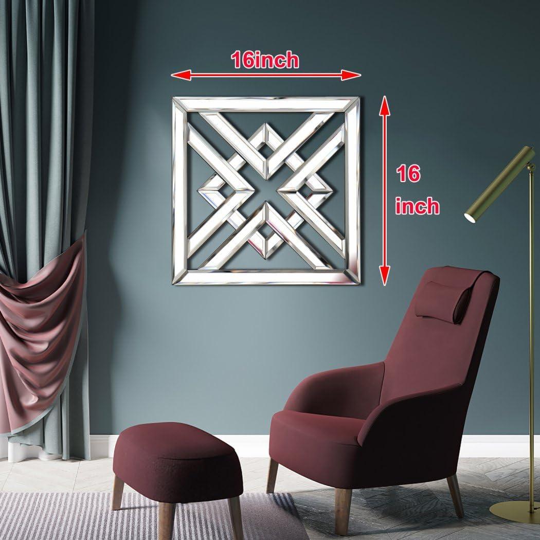 Silver Mirrored Wall Decor 16x16" Modern Fashion DIY Wall-Mounted Mirror X Design Gorgeous Glam Accent Vintage Chic for Room and Home