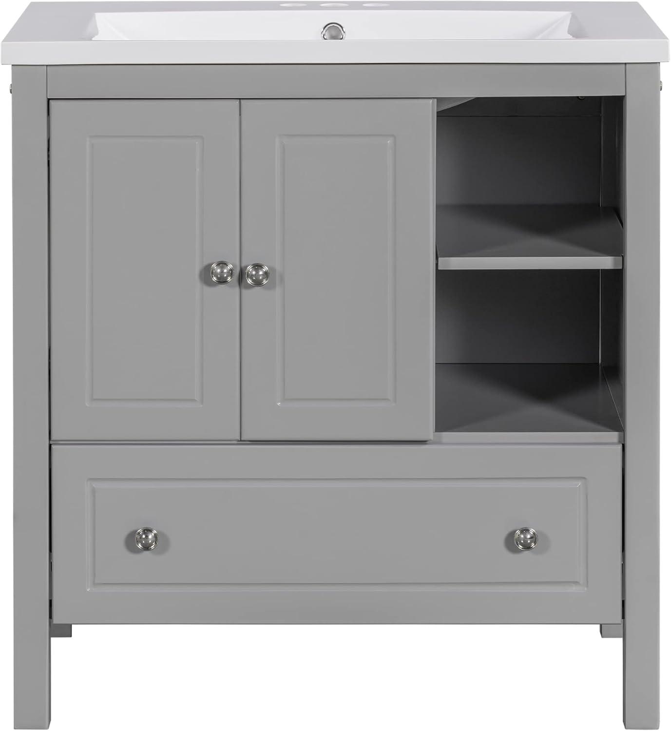 30" Bathroom Vanity with Sink, Bathroom Storage Cabinet with Doors and Drawers, Solid Wood Frame, Ceramic Sink, Grey (OLD SKU: JL000002AAG)