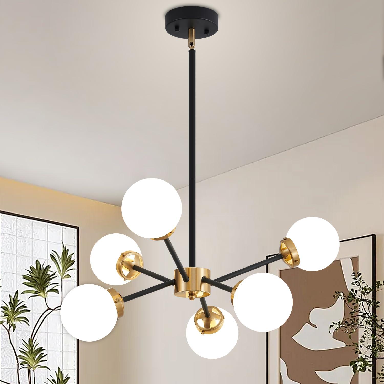 Gold Sputnik Chandelier 4-Light Globe Sputnik Ceiling Light Fixture Mid Century Sputnik Chandeliers with Milk Glass Shade