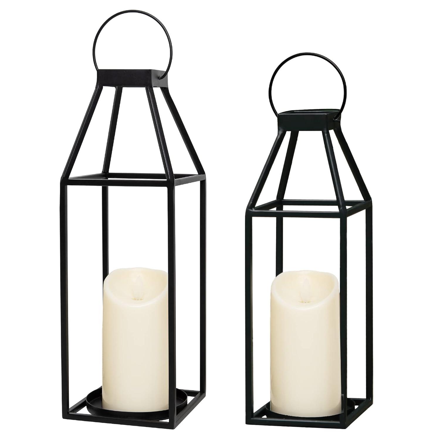 HPC Decor Black Metal Candle Lanterns Set of 2- Lanterns Decorative with Flickering Timer Candles- 17.4'' & 15'' Rustic Farmhouse Lanterns Candle Holder for Indoor, Outdoor, Tabletop (No Glass)