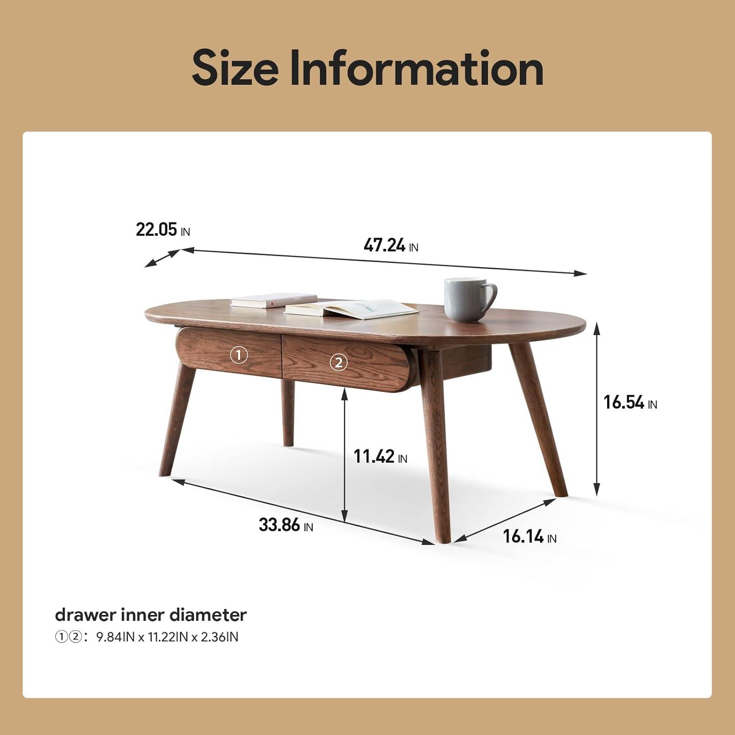 47'' Natural Oak Oval Coffee Table with Storage Drawers