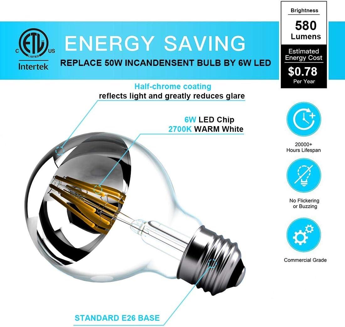 Half Chrome Light Bulb,LED Edison Bulbs 6W(60W Equ),Dimmable G80/G25 Globe Shape,Decorative Half Silver Reflected Bulb,2700K Soft White E26 for Wall Sconce,Vanity,Pack of 4