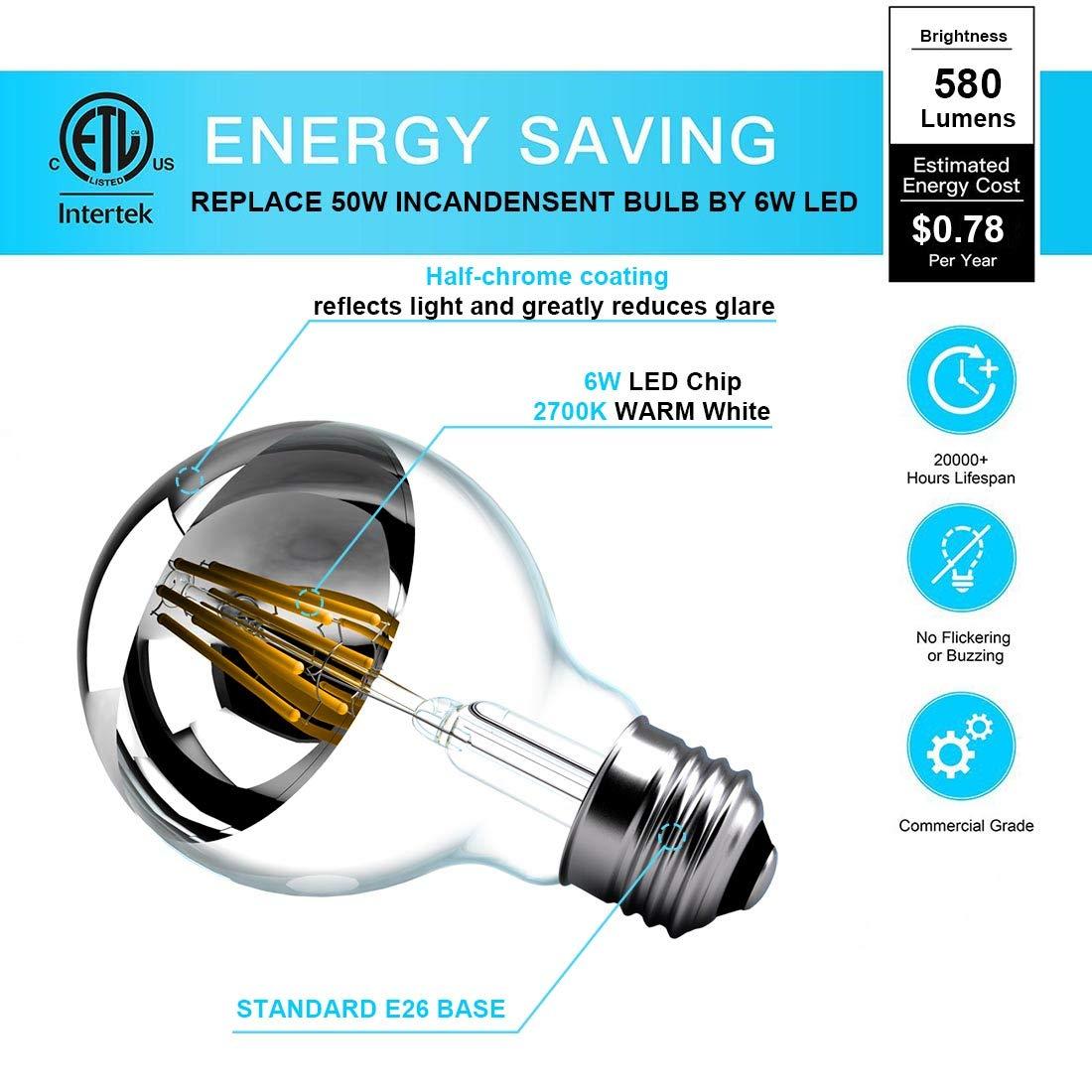 Half Chrome Light Bulb,LED Edison Bulbs 6W(60W Equ),Dimmable G80/G25 Globe Shape,Decorative Half Silver Reflected Bulb,2700K Soft White E26 for Wall Sconce,Vanity,Pack of 4