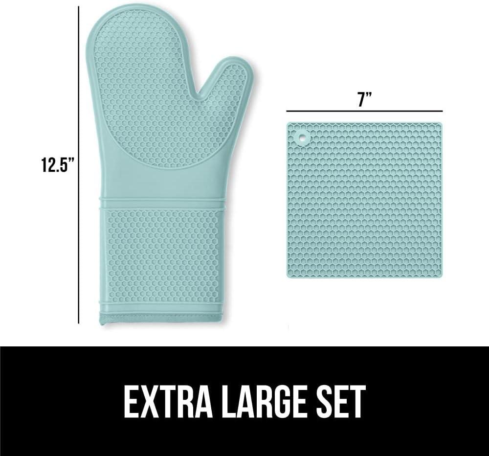 GORILLA GRIP Heat and Slip Resistant Silicone Oven Mitts and Trivet Set, Waterproof, Set of 4, Mint