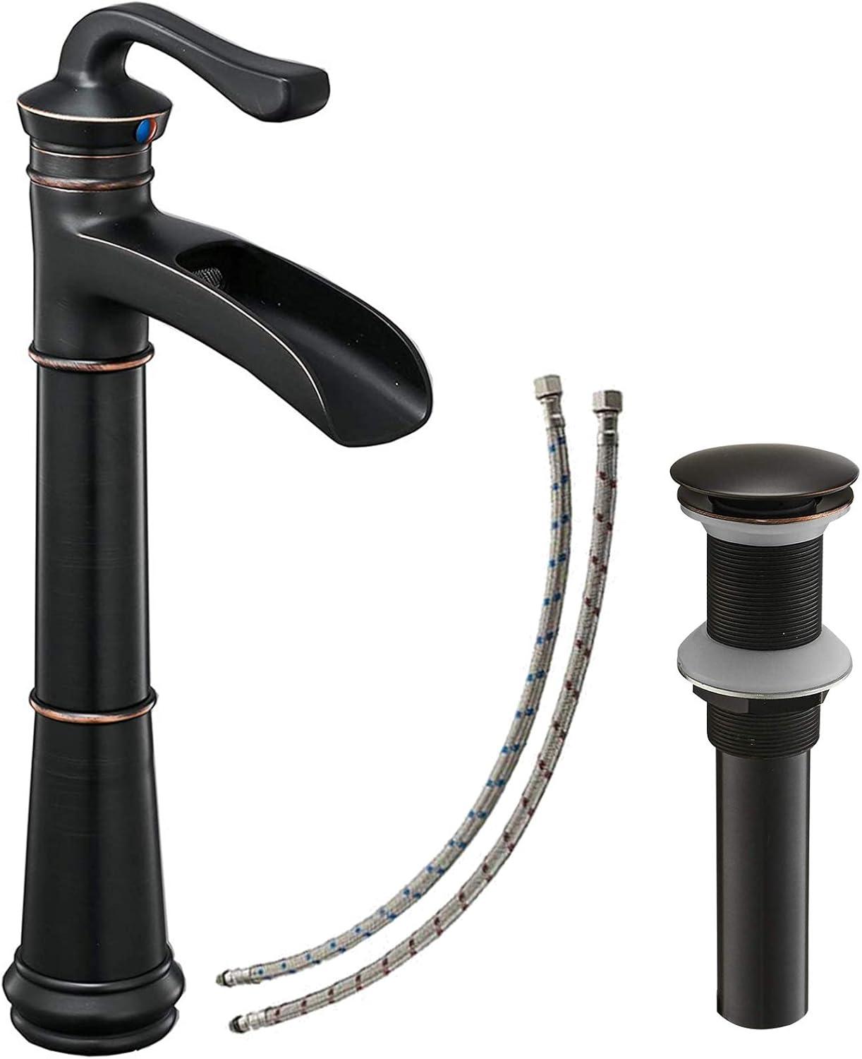 Vessel Sink Faucet Oil Rubbed Bronze Bathroom Faucet Waterfall Farmhouse Single Hole Single Handle for Sink Lavatory Faucets with Pop Up Drain Without Overflow Supply Line
