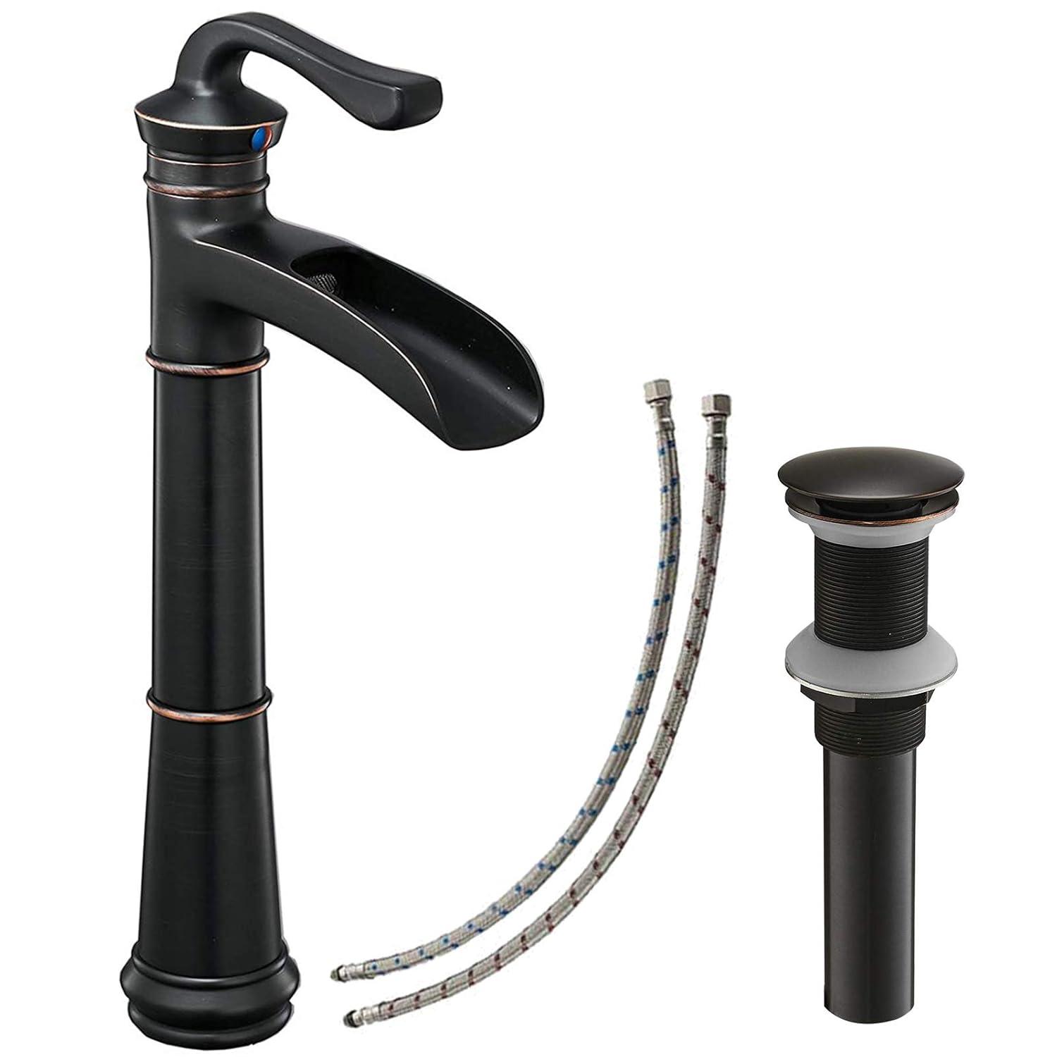 Vessel Sink Faucet Oil Rubbed Bronze Bathroom Faucet Waterfall Farmhouse Single Hole Single Handle for Sink Lavatory Faucets with Pop Up Drain Without Overflow Supply Line