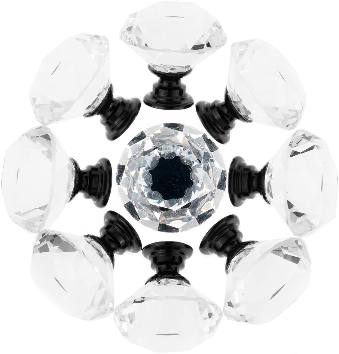 YourGift 12 Pack Drawer Knobs Diamond Shaped Crystal Glass 30mm Cabinet Knobs Pull Handles (Black)