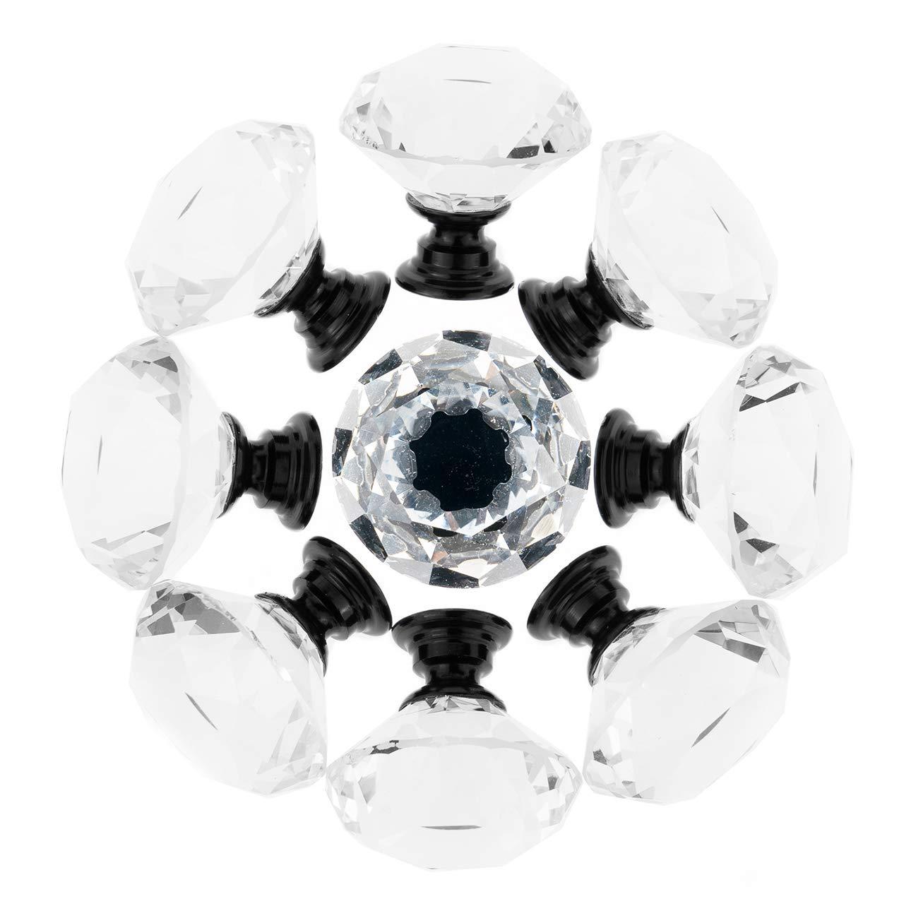 YourGift 12 Pack Drawer Knobs Diamond Shaped Crystal Glass 30mm Cabinet Knobs Pull Handles (Black)