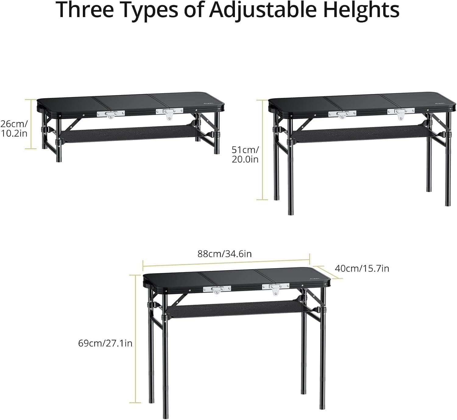 Black Aluminum Folding Camping Table with Adjustable Heights and Storage Net