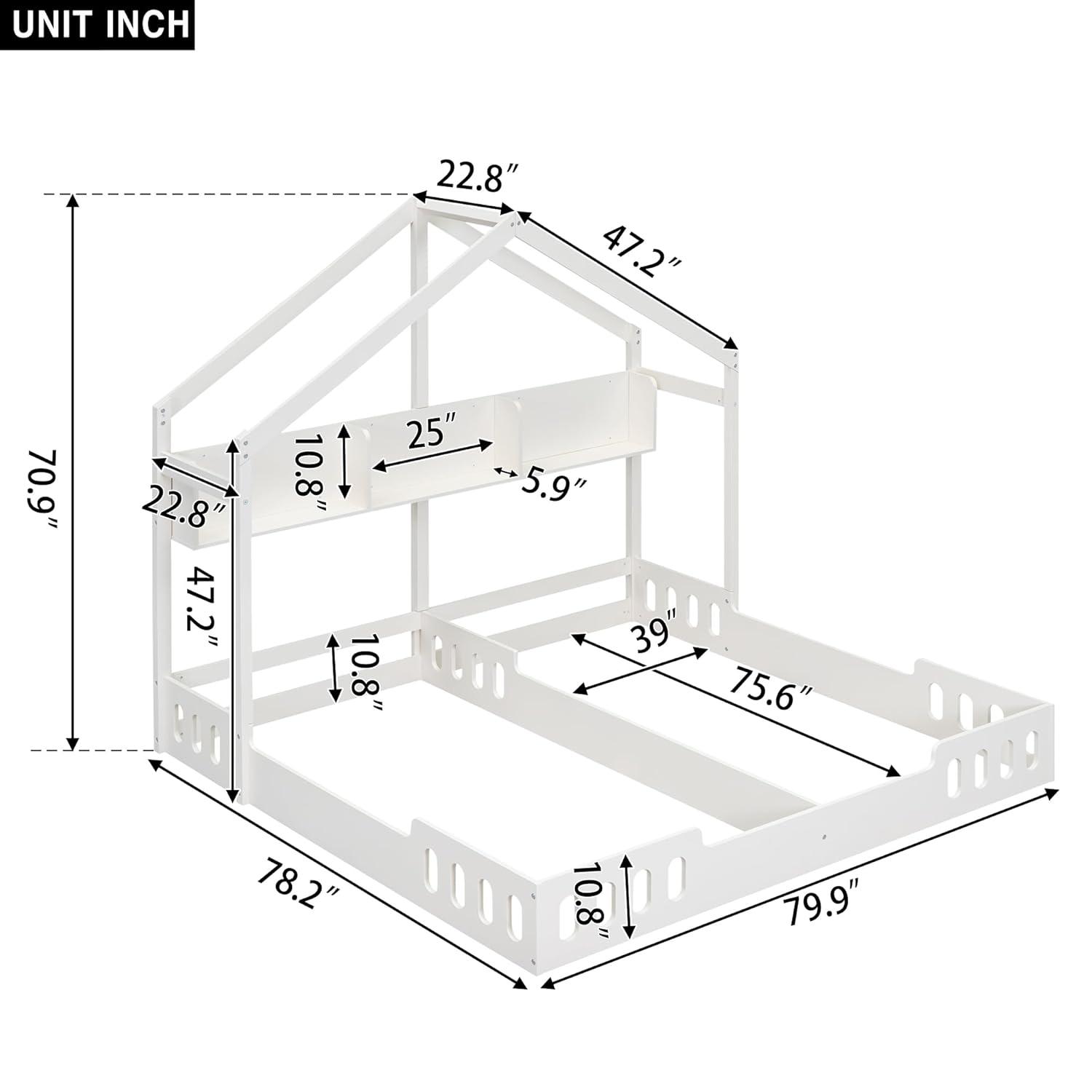 P PURLOVE Twin House Bed for 2 Kids,Twin Size Double Shared Beds with Fence Railings,House Montessori Floor Bed Frame with Roof and Storage Shelves or Kids,Teens, Boys & Girls