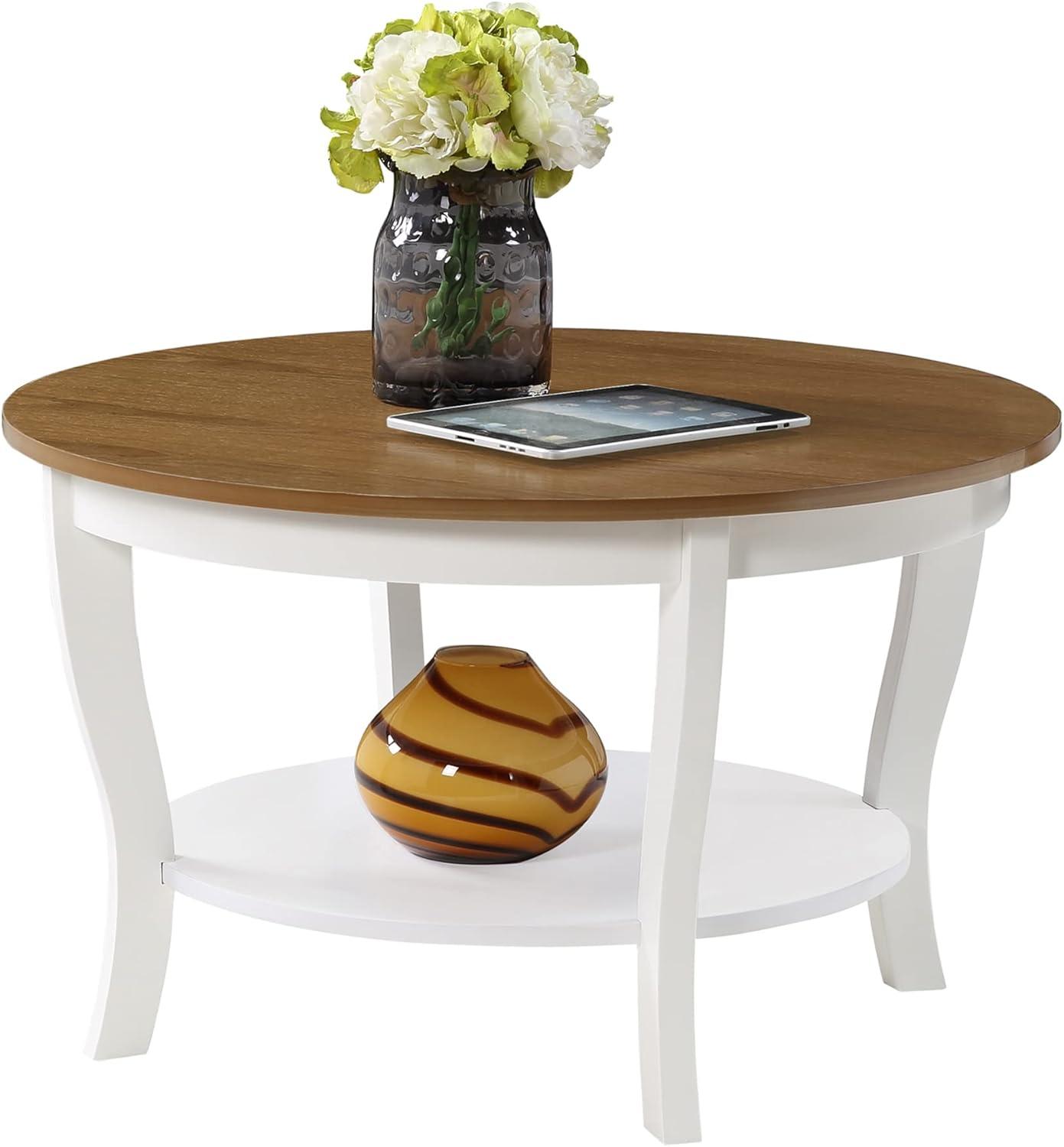 Convenience Concepts American Heritage Round Coffee Table with Shelf, Driftwood/White Wood Finish