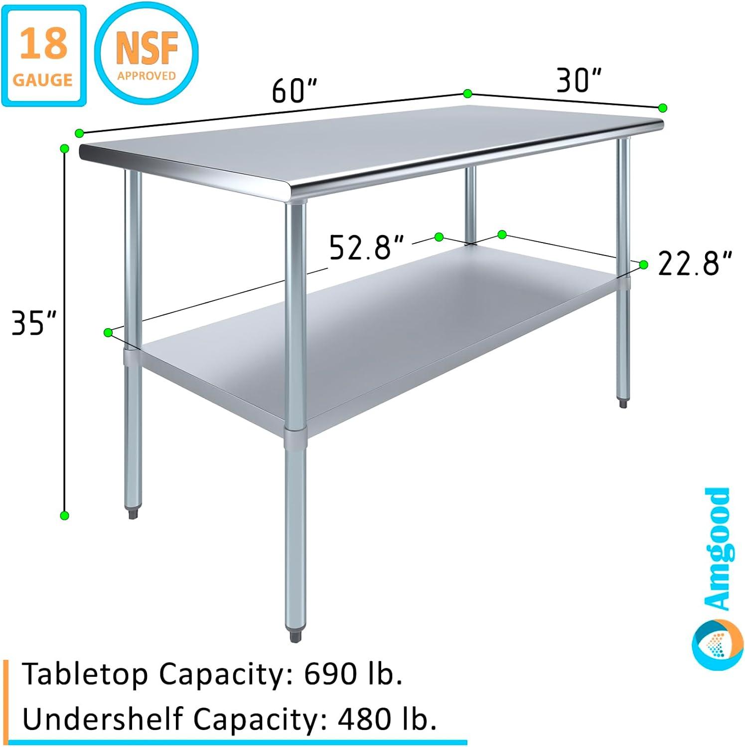 Stainless Steel Work Table with Undershelf. Metal Prep Table. NSF - Certified