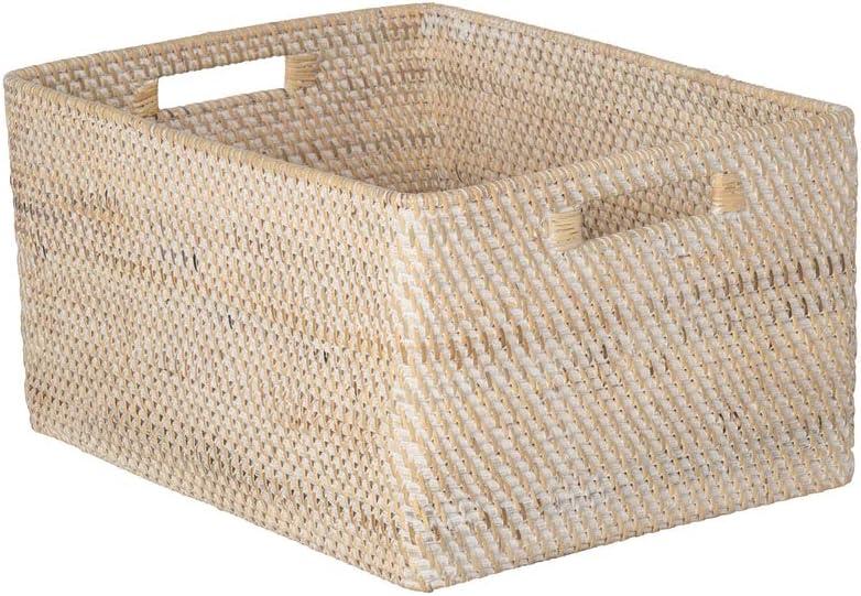 Kouboo Loma Rectangular Decorative Rattan Storage Basket With Handles, Coastal-Inspired Handwoven, Home Organization, Black Antique, Latte