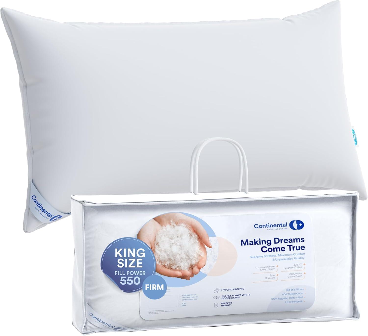 ContinentalBedding Continental Bedding 1-Pack Firm Support Down Pillow, 550 Fill Power, RDS Certified, 75% Down 25% Feather, 100% Cotton Cover
