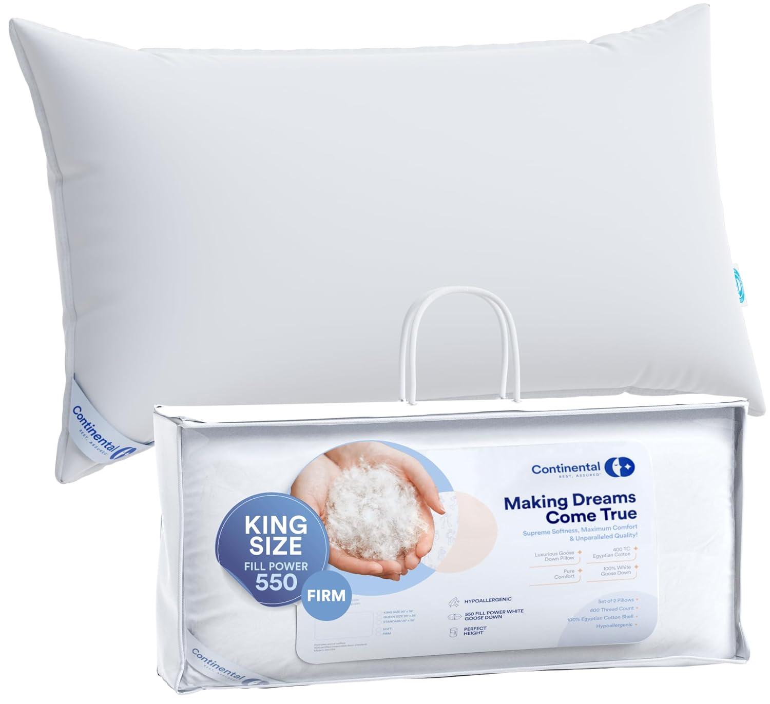 ContinentalBedding Continental Bedding 1-Pack Firm Support Down Pillow, 550 Fill Power, RDS Certified, 75% Down 25% Feather, 100% Cotton Cover