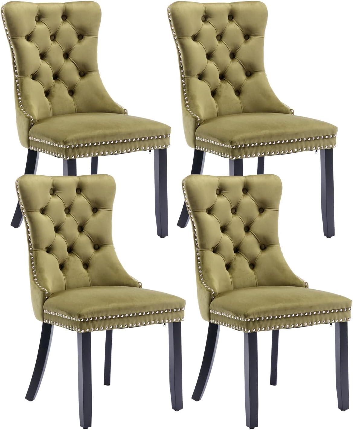 ODUSE-DAILY Green Velvet Dining Chairs Set of 4, Kitchen & Dining Room Chairs, Sillas De Comedor, Nailheads Tufted, Fabric Upholstered, Solid Wood (Olive, 4 Pcs)