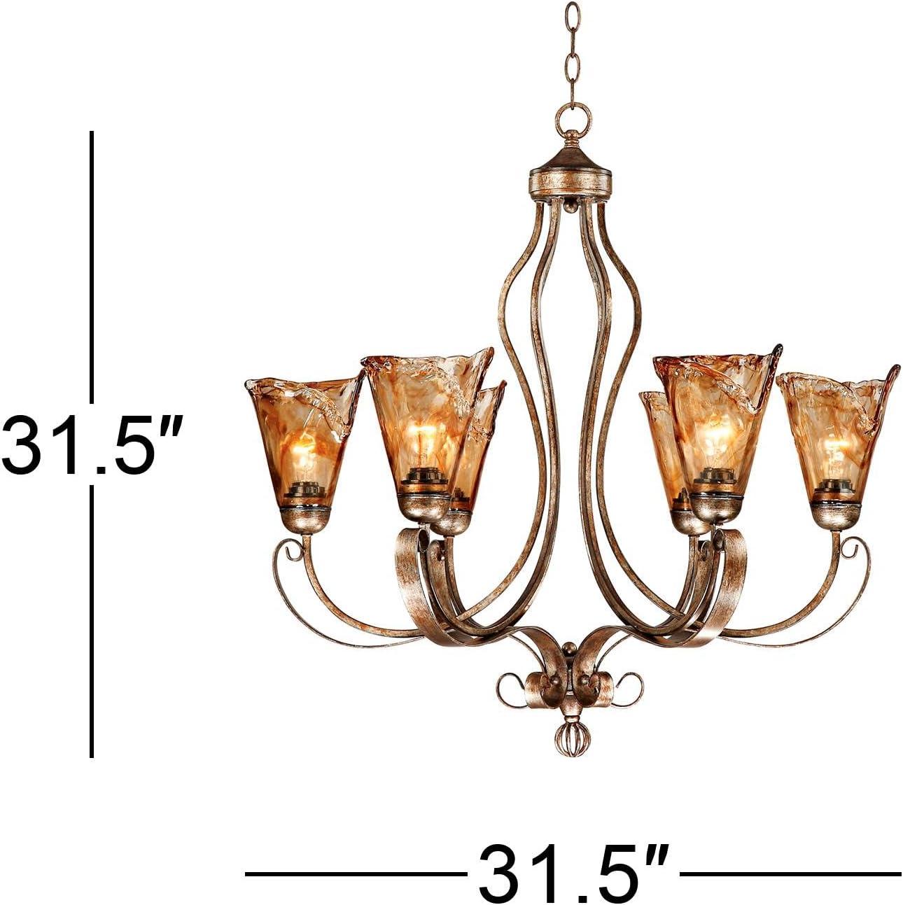 Franklin Iron Works Amber Scroll Golden Bronze Large Chandelier 31 1/2" Wide Rustic Art Glass 6-Light Fixture for Dining Room House Kitchen Island