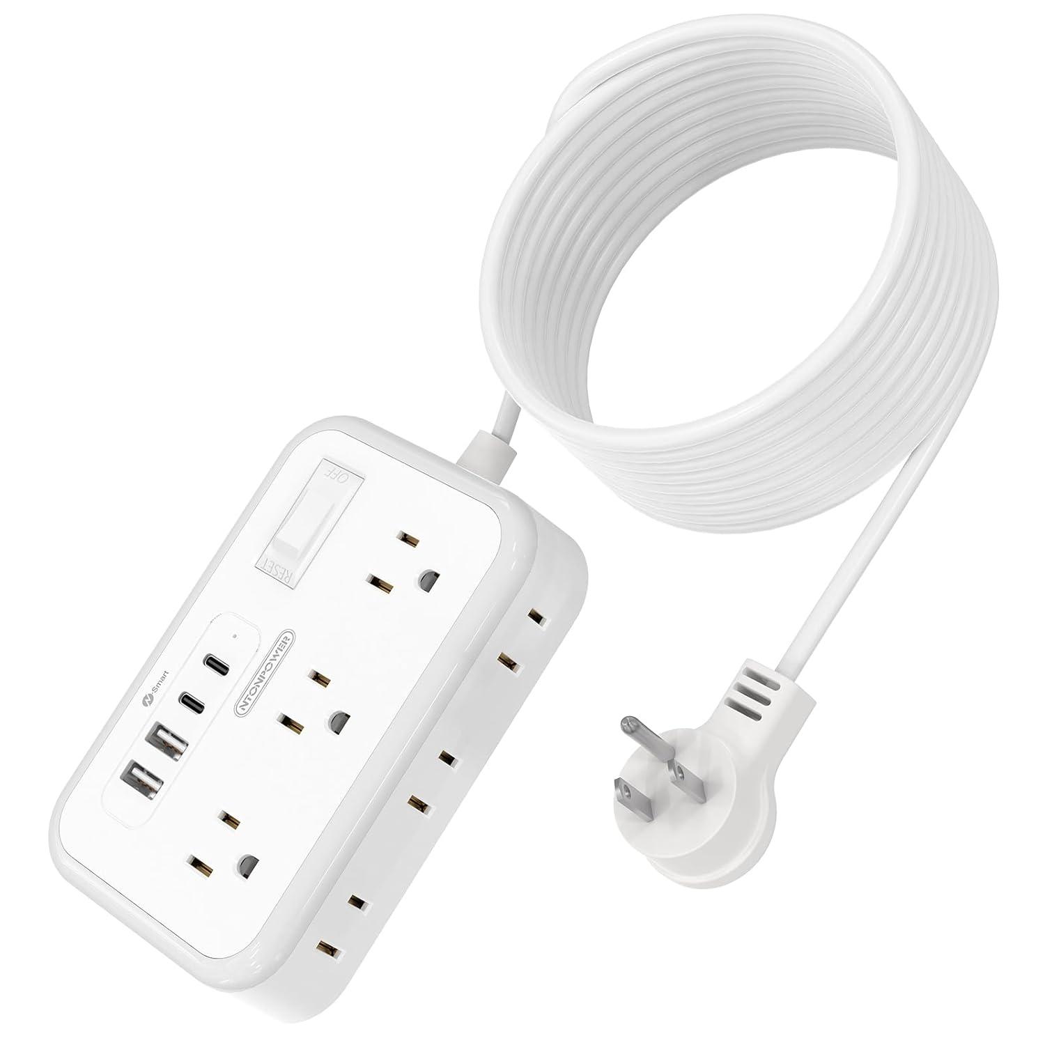 White 10 ft Power Strip with 6 Outlets and 4 USB Ports