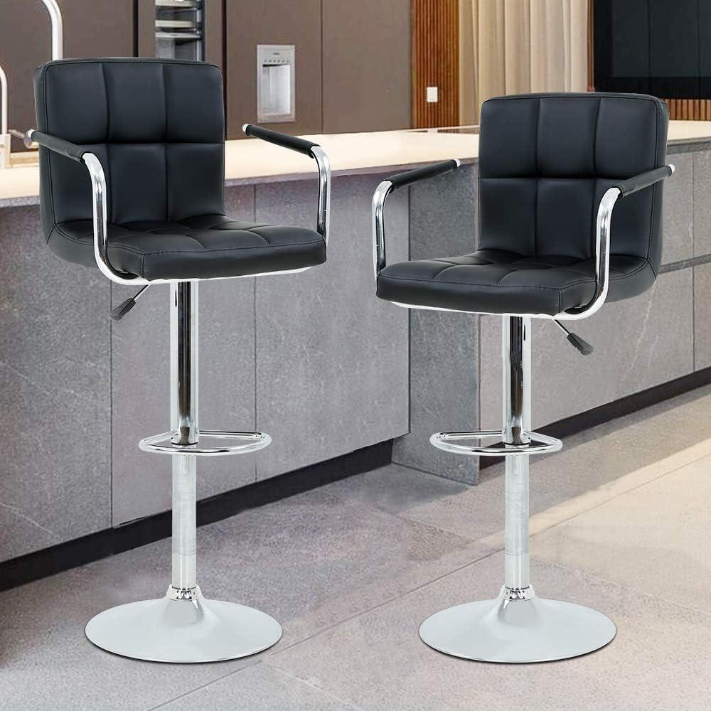 Killeryuki Bar Stools with Armrest Modern PU Leather Swivel Adjustable Hydraulic Bar Stool X-Large Base and Seat Square Counter Height Stool Set of 2 (White)