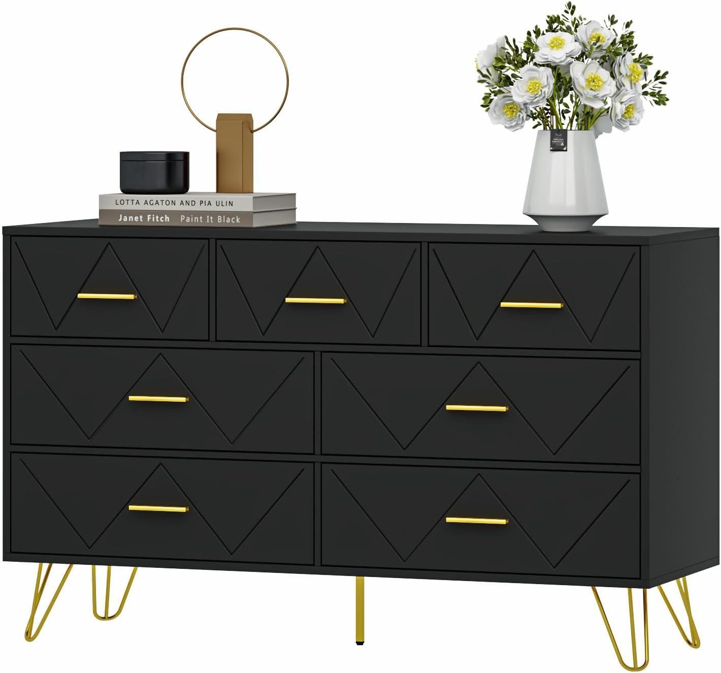 RESOM 7 Drawers Dresser for Bedroom, Black Dresser with Golden Legs & Handles, Wooden Chest of Drawer, Modern Dresser for Living Room, Hallway, Nursery