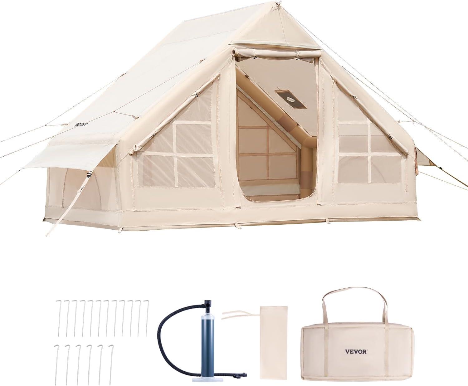 VEVOR Inflatable Tents for Camping, Easy Setup Blow up Tent with Hand Pump, 4 Season Glamping Tent with Stove Jack, Doors & Mesh Windows, Storage Bag Included for Easy Taking
