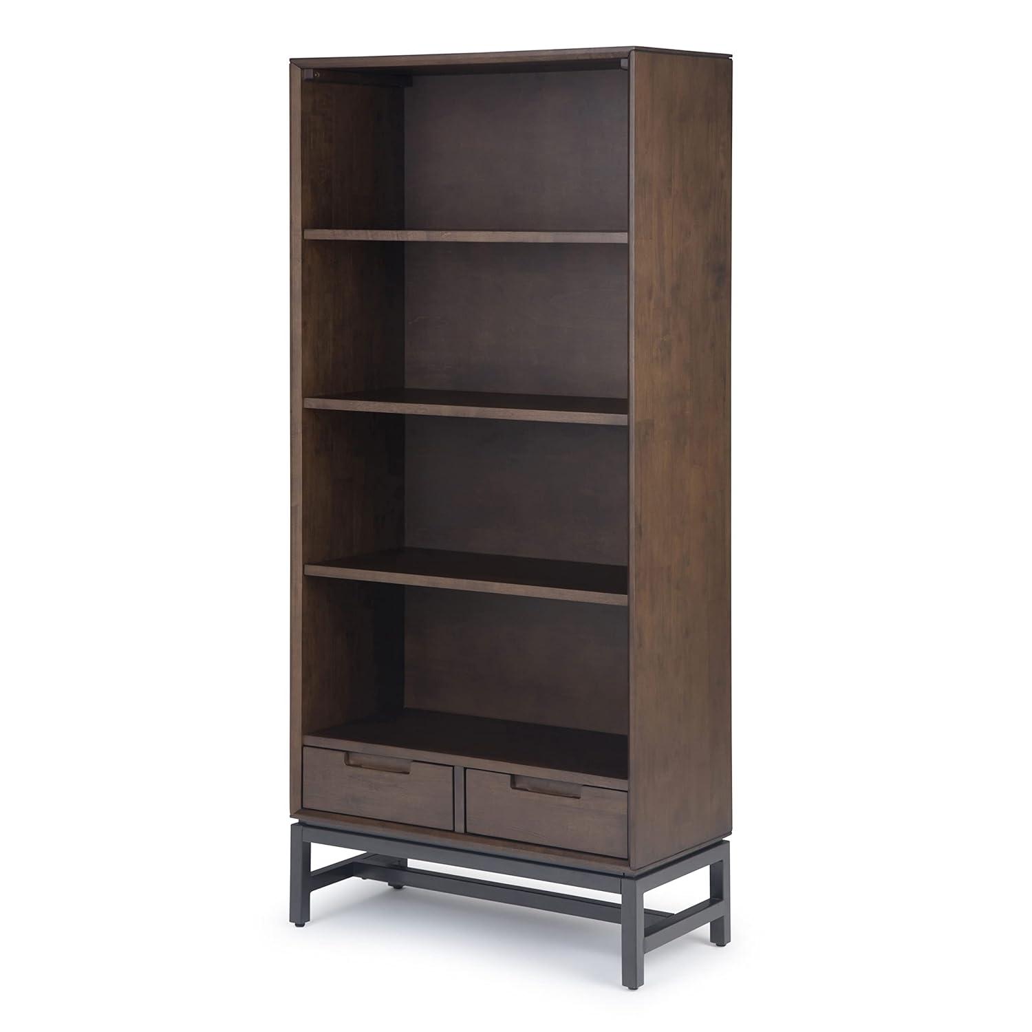 Banting 30"W Solid Wood 4 Shelf Industrial Bookcase with 2 Drawers, Adjustable Shelves, and Metal Base