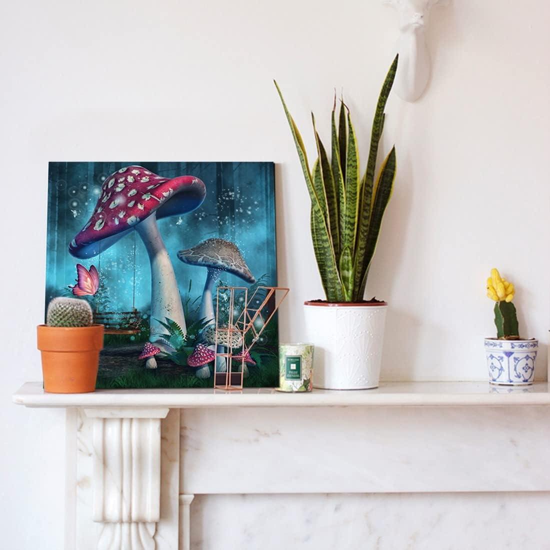 Magical Forest Wall Art Fantasy Mushroom Wall Decor Nature Landscape Plant Picture Butterflies Canvas Print Nursery Decor Fairytale Theme Wall Painting for Home Kids Bedroom Dorm Decoration 12"x12"