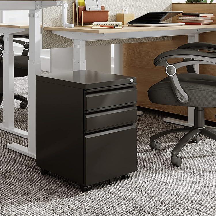 MIIIKO File Cabinet 3 Drawers on Wheels Under Desk, Black Metal Rolling File Cabinets with Lock for Home Office, Un-Assembled Filing Cabinet with Lock