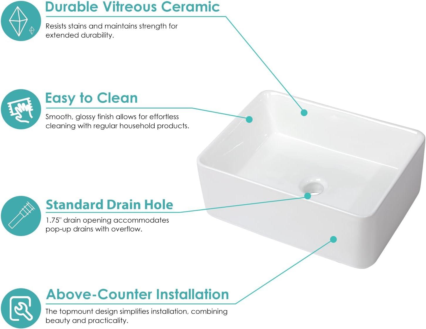 White Ceramic Rectangular Above-Counter Vessel Sink