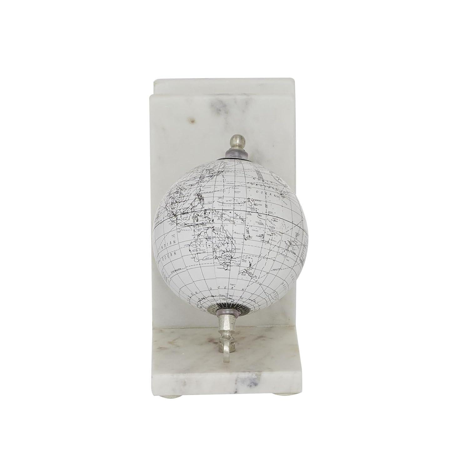 Deco 79 Marble Globe Decorative Bookends Non Skid Bookends with Silver Metal Accents, Set of 2 Office Bookends5"W, 7"H, White