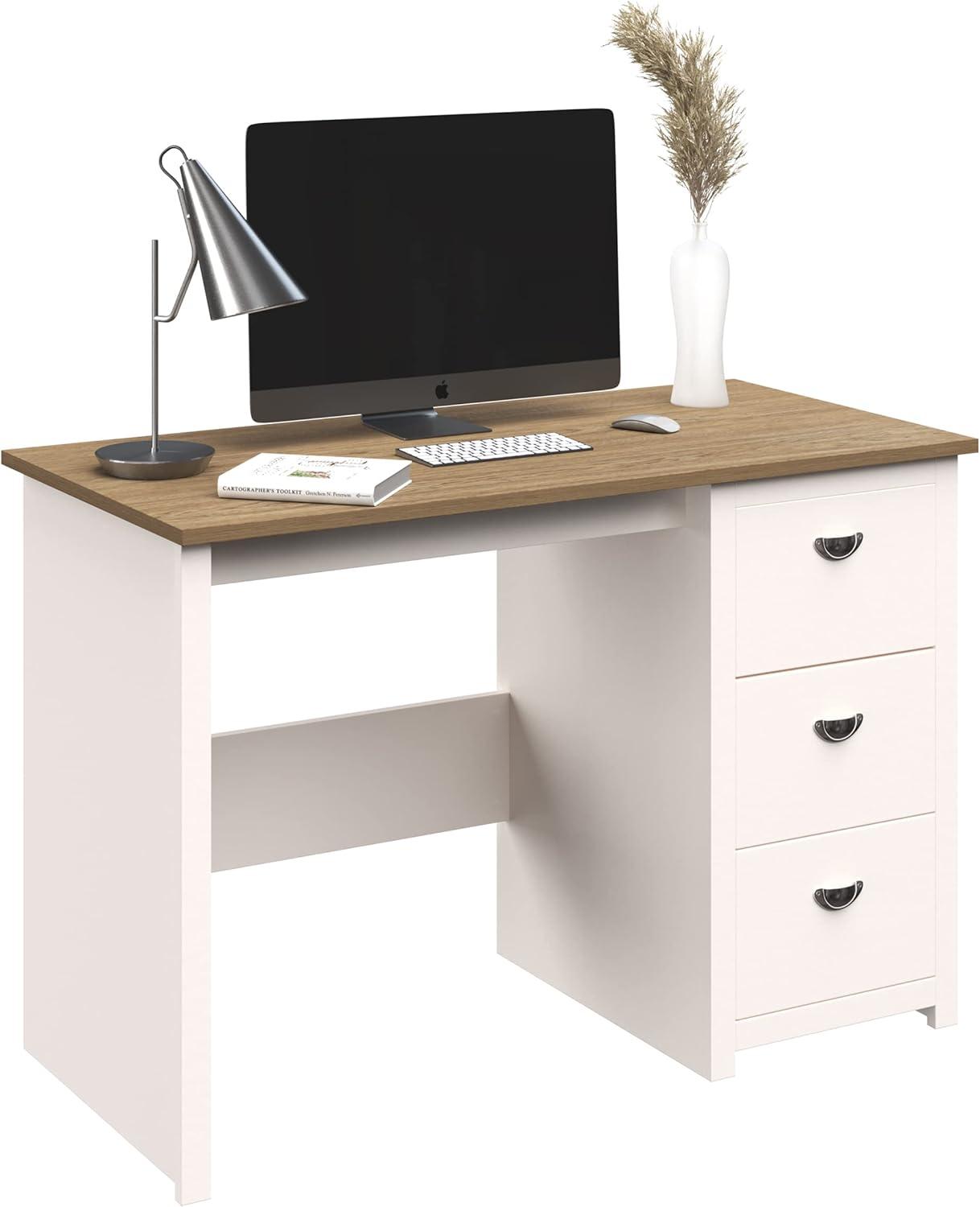 Lavish Home Computer Desk with Attached 3-Drawer File Cabinet (White)